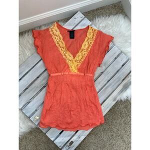 Vintage Y2K Rue 21 Orange Lace Tie Back Babydoll Shirt Top